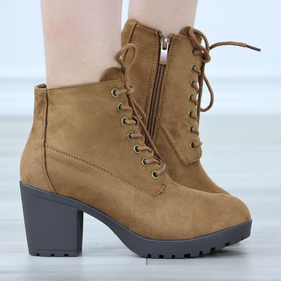Shoes - Tan Ankle Boots Chunky Block Lug High Heel Booties Lace-Up